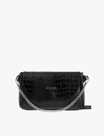 Schwarze Handtasche mit Kette und dekorativer Klappe im Tiermuster