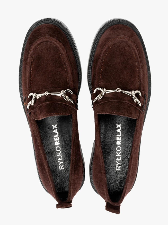 Burgundy suede loafers with silver ornament