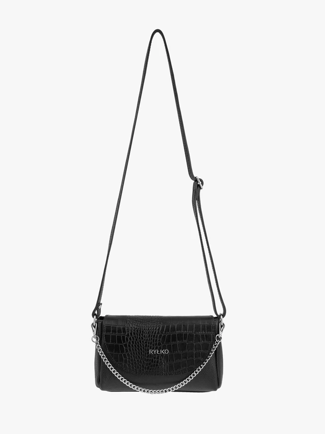 Schwarze Handtasche mit Kette und dekorativer Klappe im Tiermuster