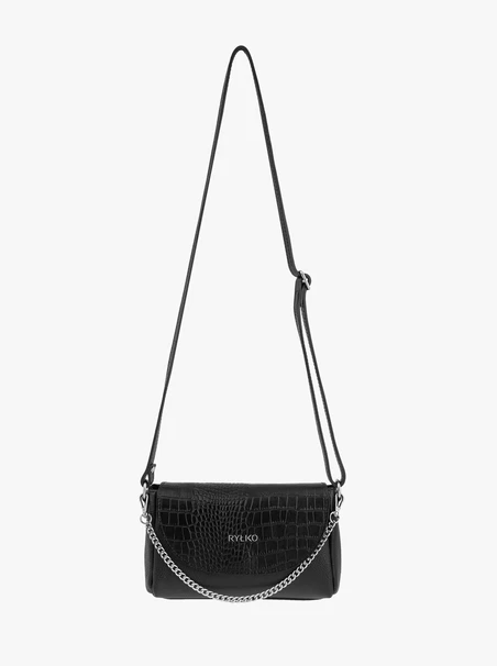 Schwarze Handtasche mit Kette und dekorativer Klappe im Tiermuster