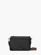 Black crossbody on brown-black fabric strap