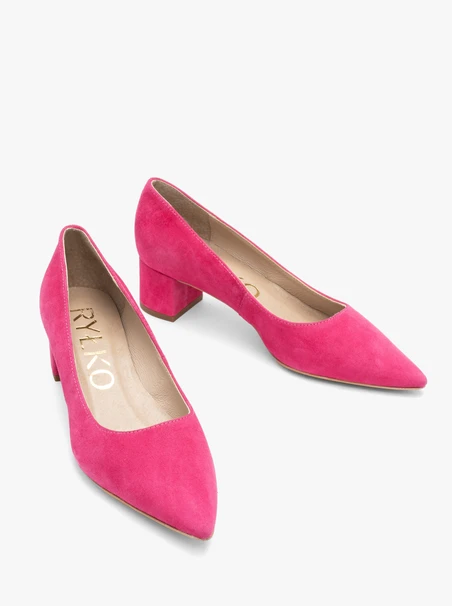 Fuchsia velvet block-heel pumps