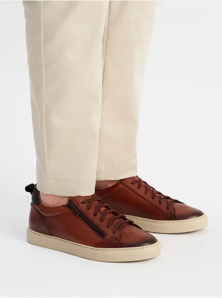 Brown suede men’s sneakers with decorative zipper