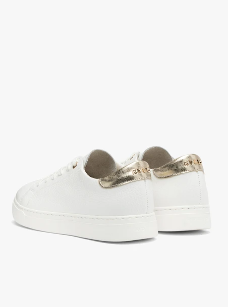 White sporty shoes with a platinum heel tab