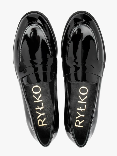 Black patent loafers with flat sole