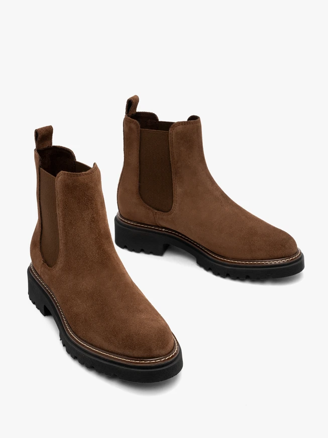 Brown suede Chelsea boots with lug sole