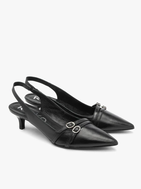 Black slingback pumps with decorative straps