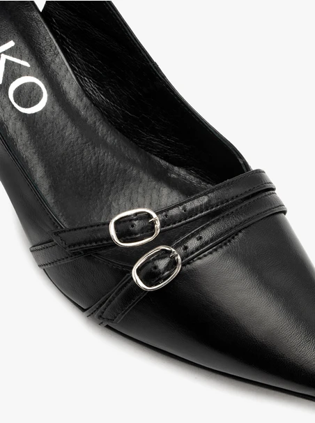 Black slingback pumps with decorative straps