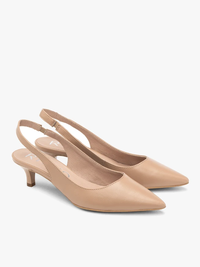 Beigefarbene Slingback-Pumps mit Entenschwanzabsatz