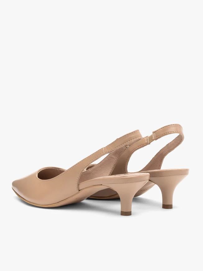Beigefarbene Slingback-Pumps mit Entenschwanzabsatz