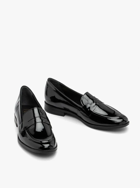 Black patent loafers with flat sole