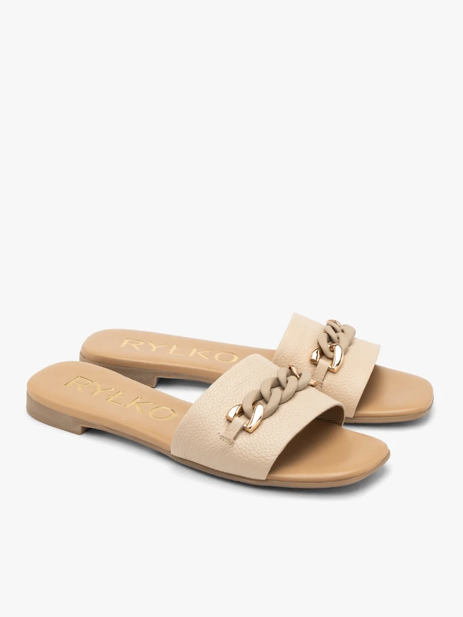 Beigefarbene Leder-Flip-Flops mit Kette