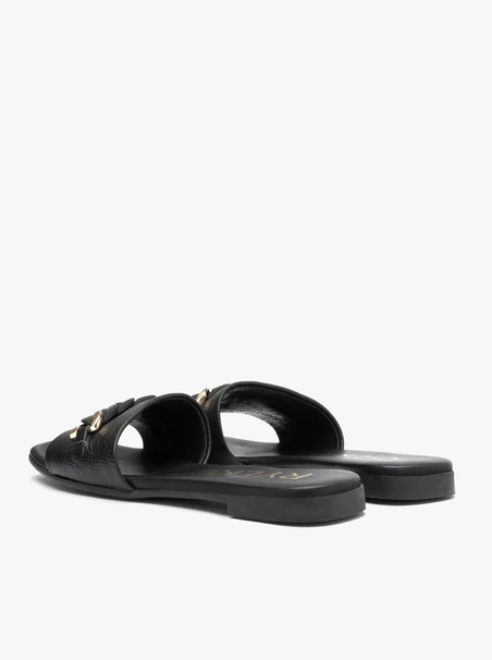 Black leather slides with chain