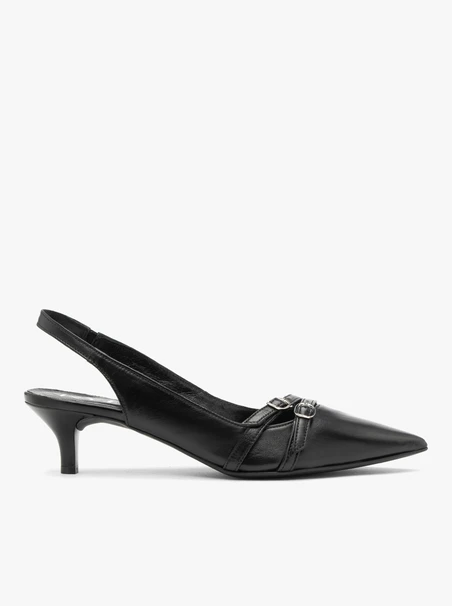 Black slingback pumps with decorative straps
