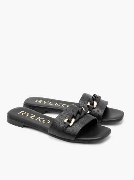 Black leather slides with chain
