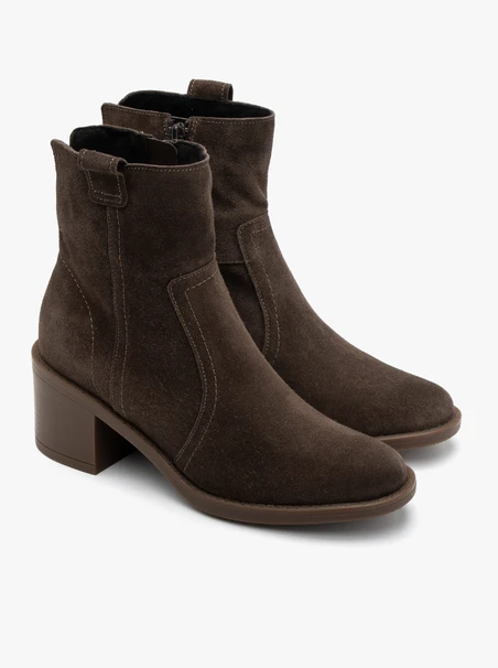 Brown suede ankle boots with decorative stitching