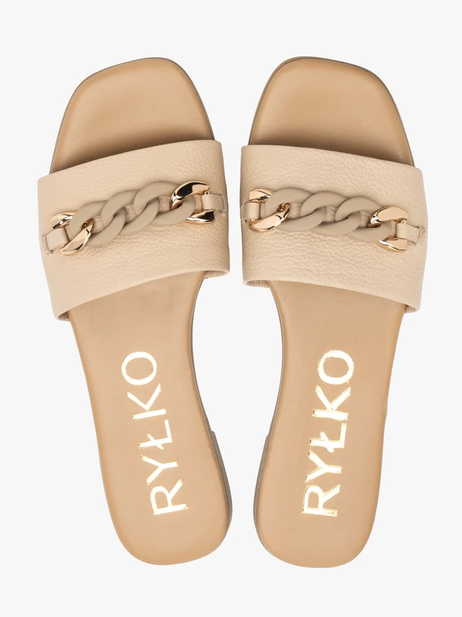 Beigefarbene Leder-Flip-Flops mit Kette