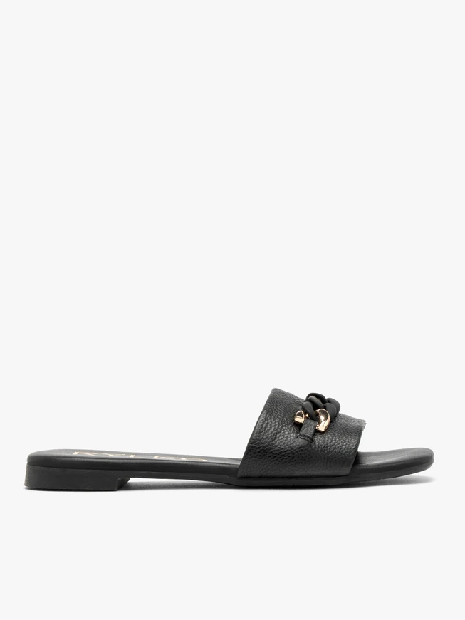 Black leather slides with chain