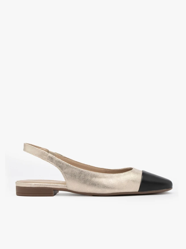 Platinfarbene Slingback-Ballerinas mit schwarzem Nasenriemen