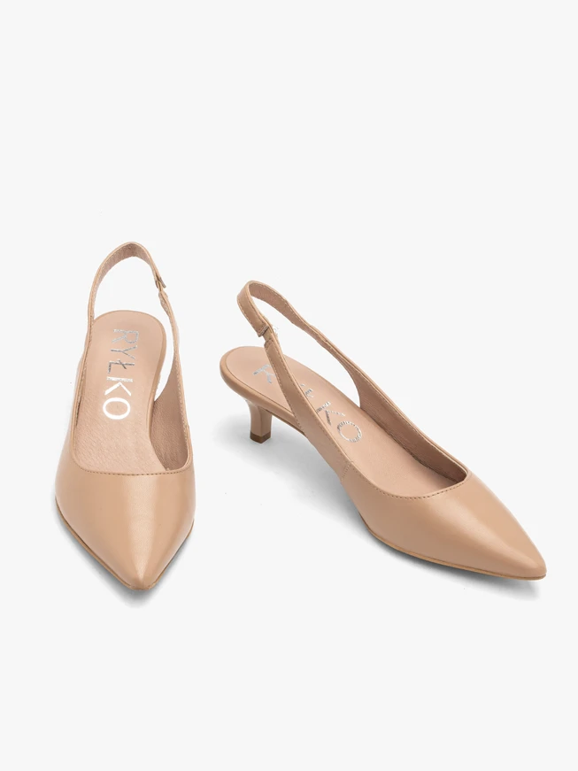 Beigefarbene Slingback-Pumps mit Entenschwanzabsatz