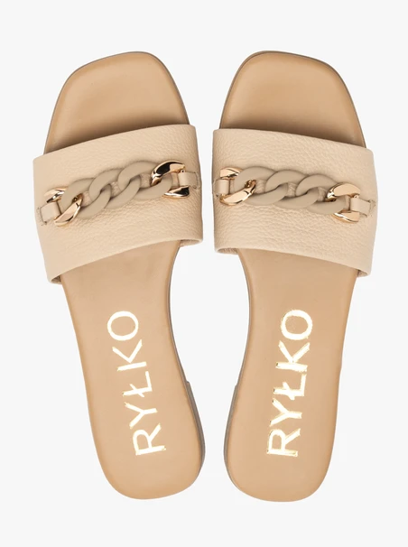 Beigefarbene Leder-Flip-Flops mit Kette