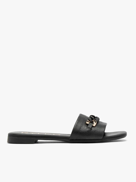 Black leather slides with chain