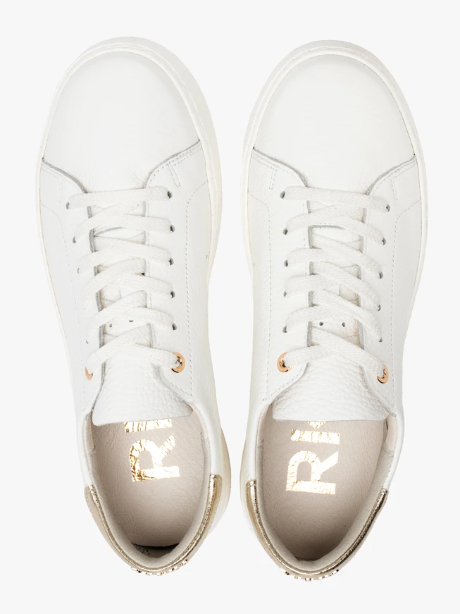 White sporty shoes with a platinum heel tab
