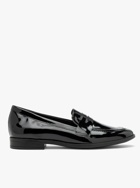 Black patent loafers with flat sole