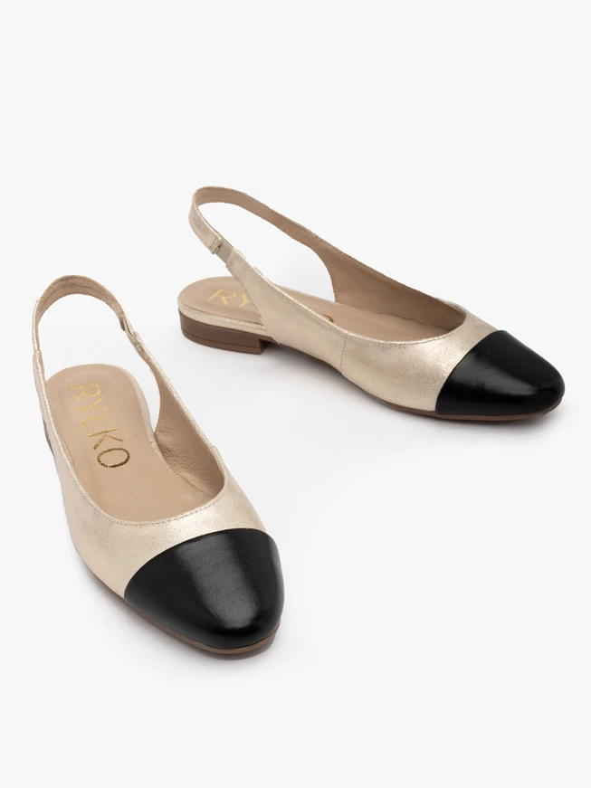 Platinfarbene Slingback-Ballerinas mit schwarzem Nasenriemen