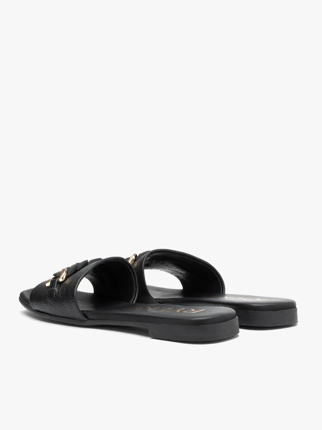 Black leather slides with chain