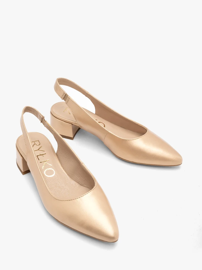 Goldfarbene Damenpumps mit offenem Slingback-Absatz