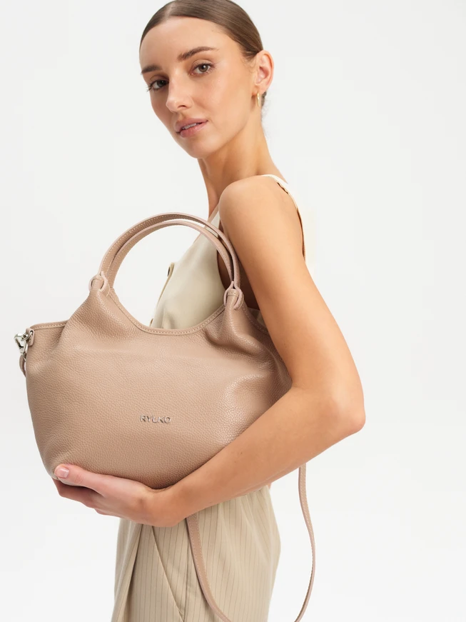 Beige shopper bag with handle and strap