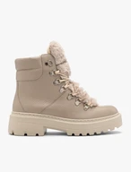 Beigefarbene Stiefel mit Fell an der Zunge