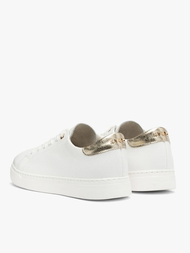 White sporty shoes with a platinum heel tab