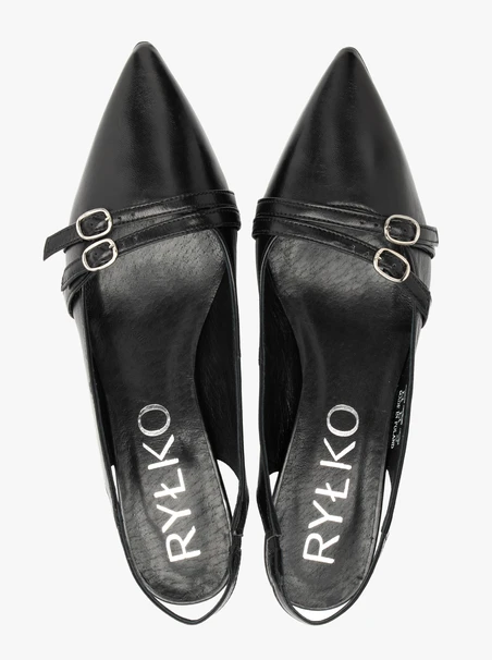 Black slingback pumps with decorative straps