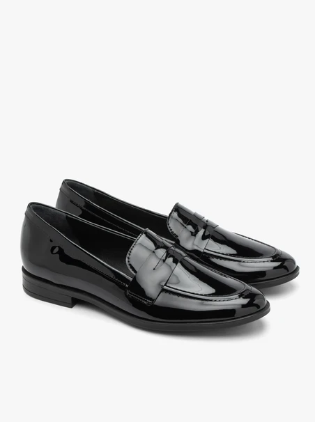 Black patent loafers with flat sole
