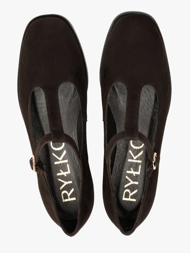 Dunkelbraune T-Bar-Ballerinas