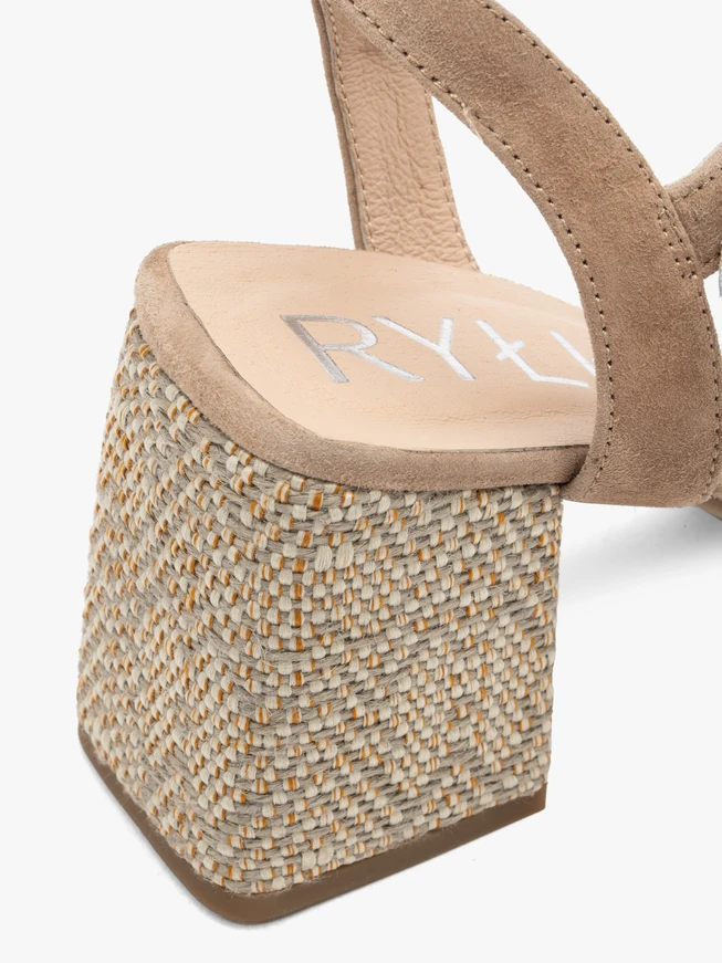 Beige sandals with decorative wrapped heel