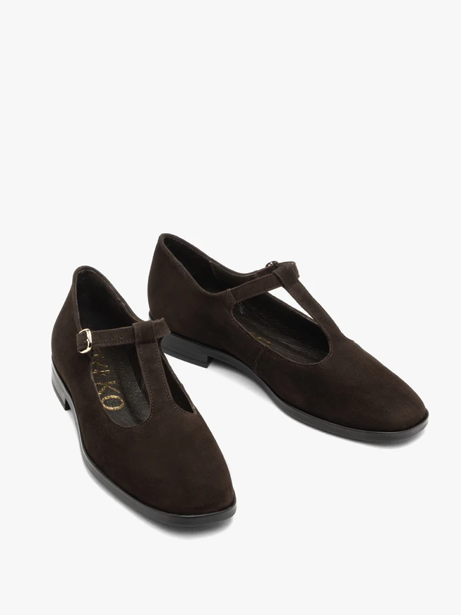 Dunkelbraune T-Bar-Ballerinas