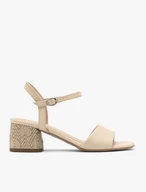 Beige sandals with decoratively covered heel
