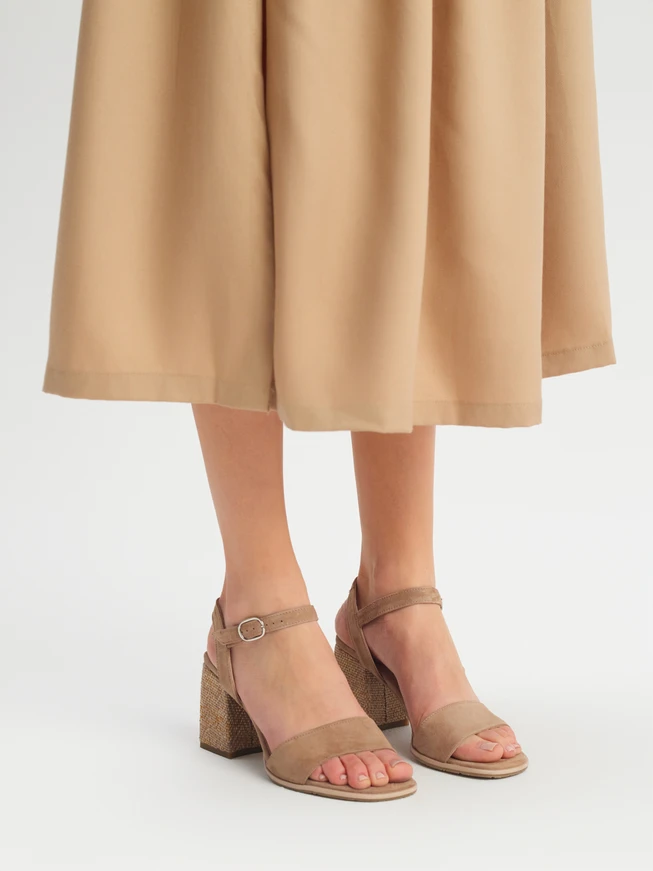 Beige sandals with decorative wrapped heel