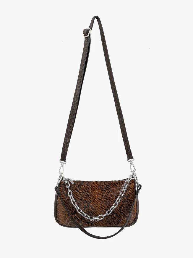 Braune Handtasche mit Schlangenhautmuster und Henkel