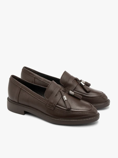 Brown women’s leather loafers with tassel