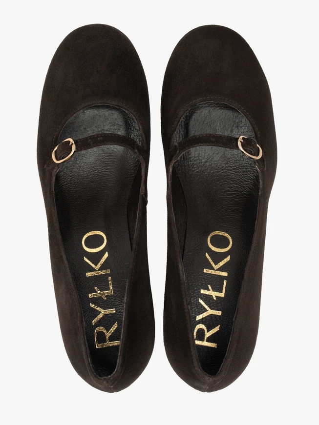 Braune Velours-Pumps mit Riemen
