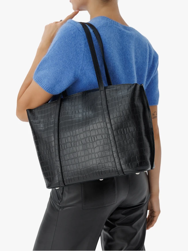 Schwarze Shopper-Tasche aus gemustertem Krokodilleder