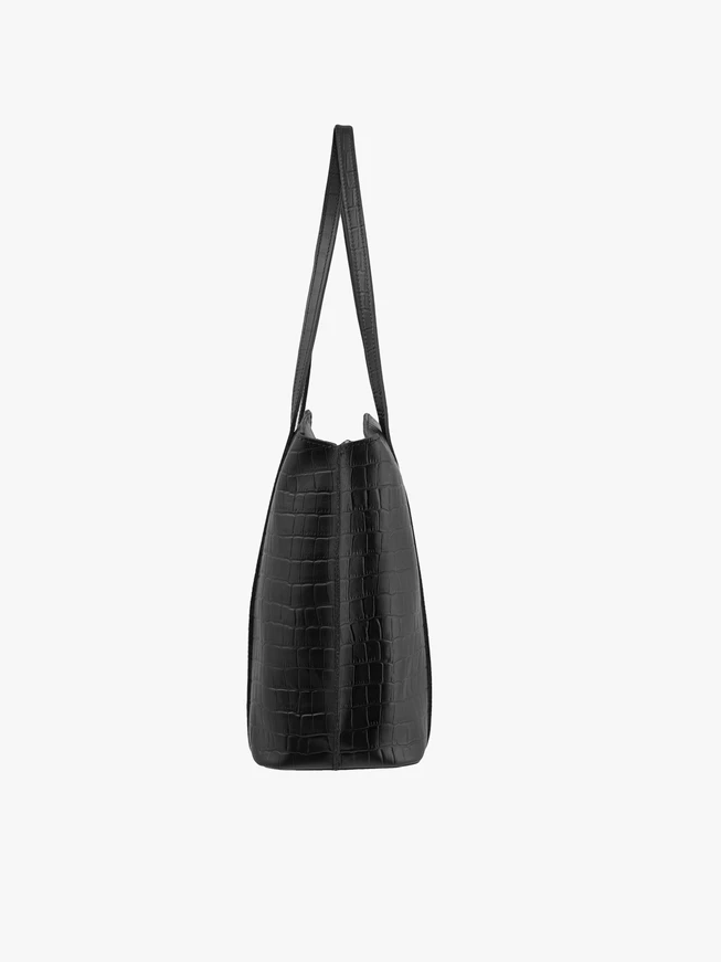 Schwarze Shopper-Tasche aus gemustertem Krokodilleder