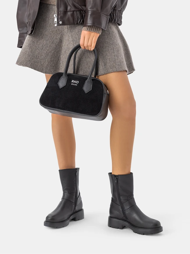 Kleine schwarze Handtasche aus Leder und Velours