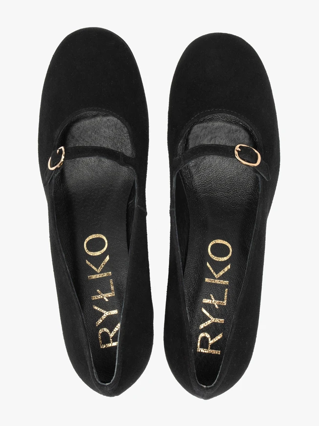 Schwarze Pumps mit Absatz und Riemen aus Veloursleder