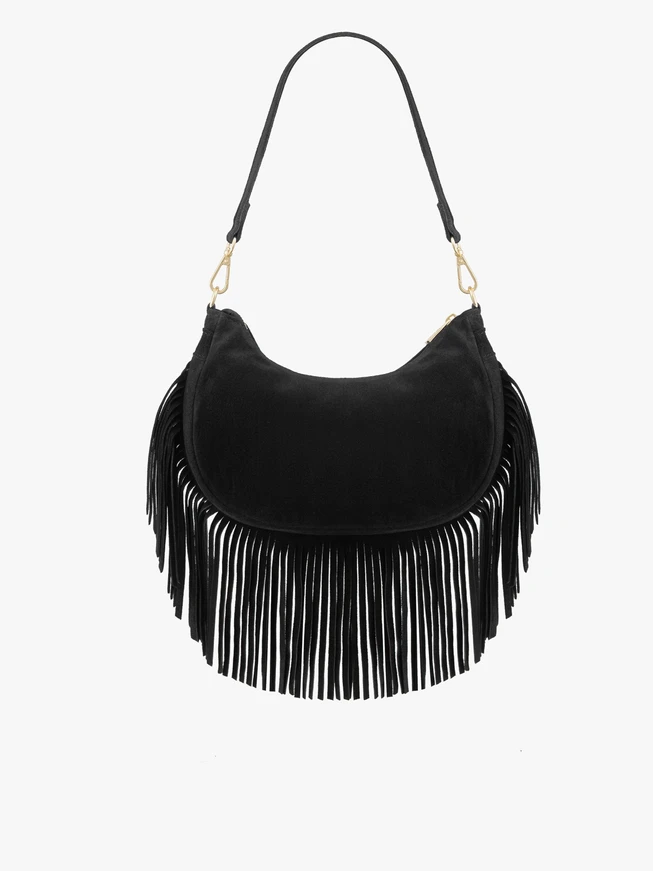 Schwarze Boho-Handtasche mit Quasten