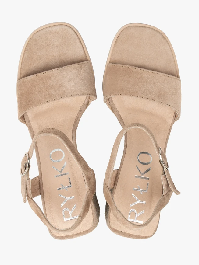 Beige sandals with decorative wrapped heel